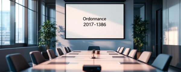 Bureau avec un tableau sur lequel est écrit : Ordonnance 2017-1386